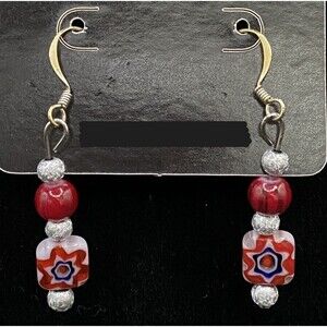 Handmade Millefiori Bead with Red & Silver Bead Earrings by Neanie-Bot